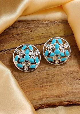 Blue Studded Rhodium Plated Earrings
