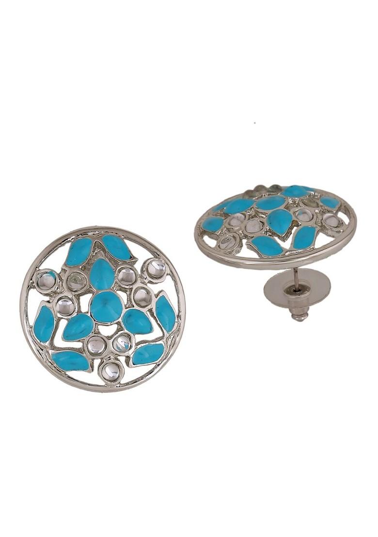 Blue Studded Rhodium Plated Earrings