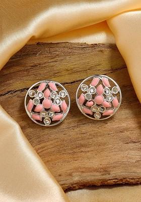 Pink Studded Rhodium Plated Earrings