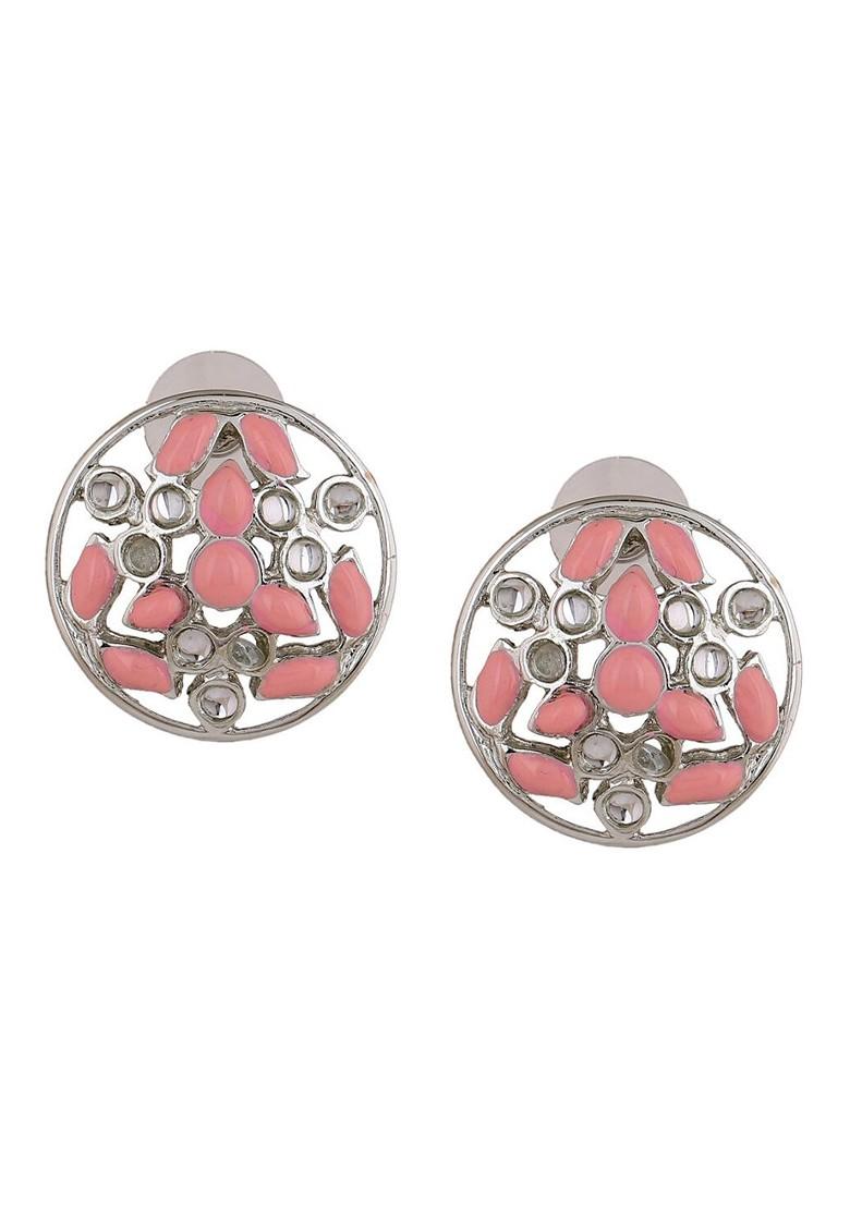 Pink Studded Rhodium Plated Earrings
