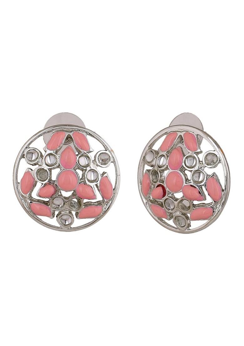 Pink Studded Rhodium Plated Earrings
