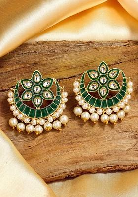 Green Studded Gold Plated Earrings