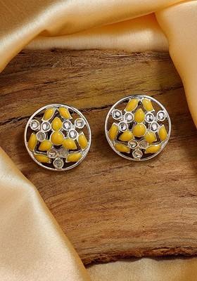 Yellow Studded Rhodium Plated Earrings