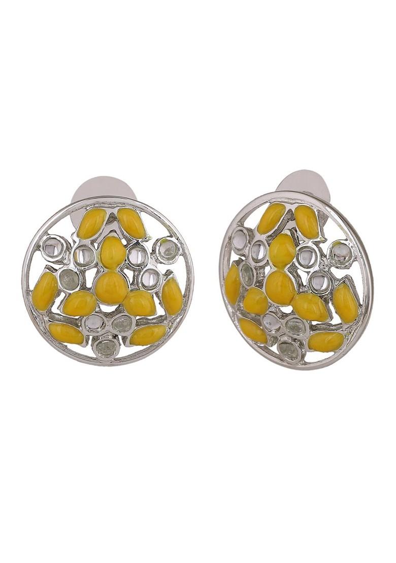 Yellow Studded Rhodium Plated Earrings