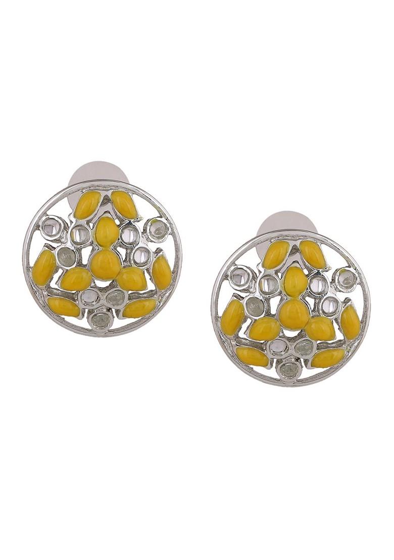 Yellow Studded Rhodium Plated Earrings