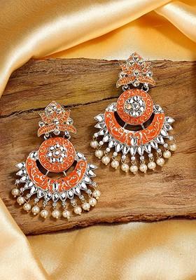 Orange Leaf Rhodium Plated Earrings