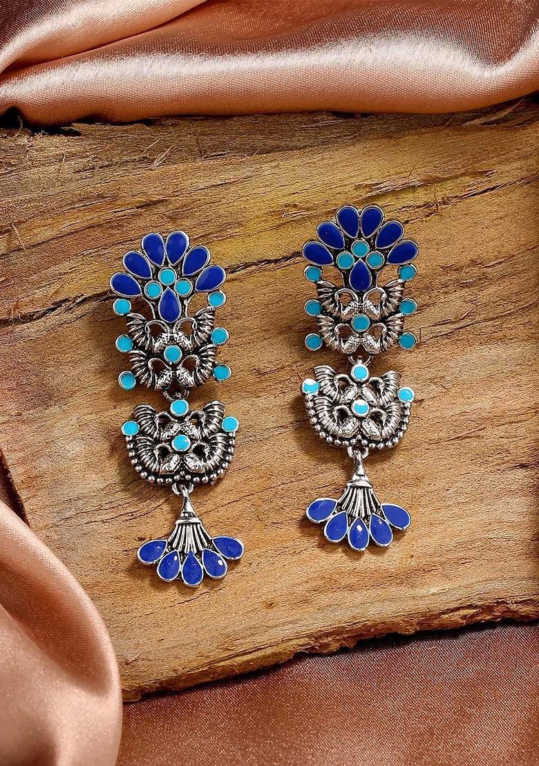 Navy Blue Solid Rhodium Plated Earrings