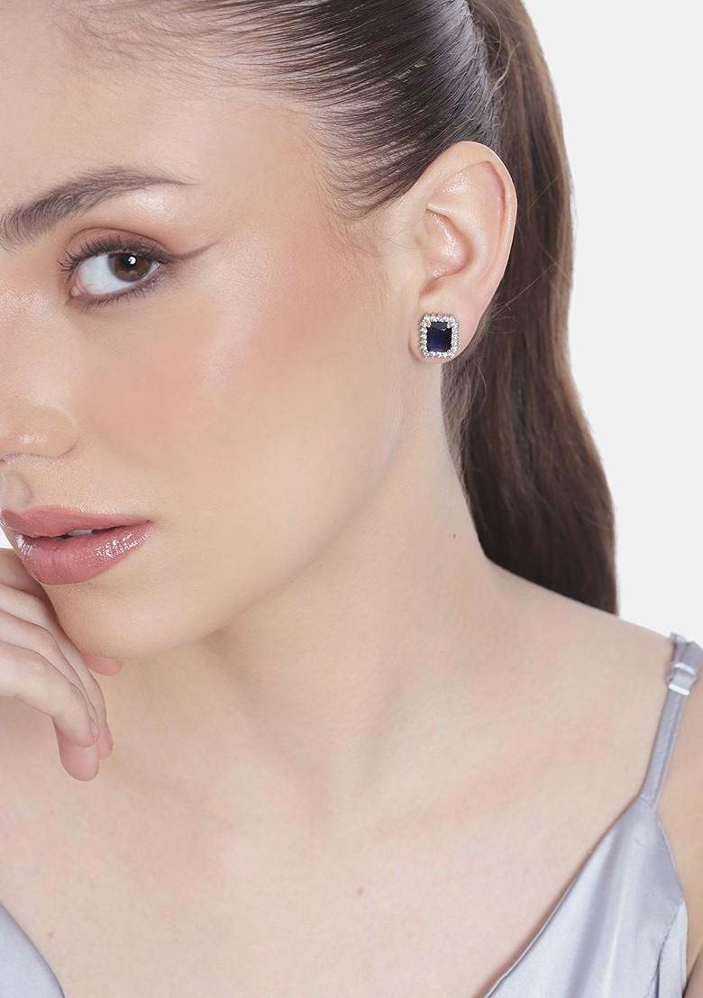 Navy Blue Cz Rhodium Plated Earrings
