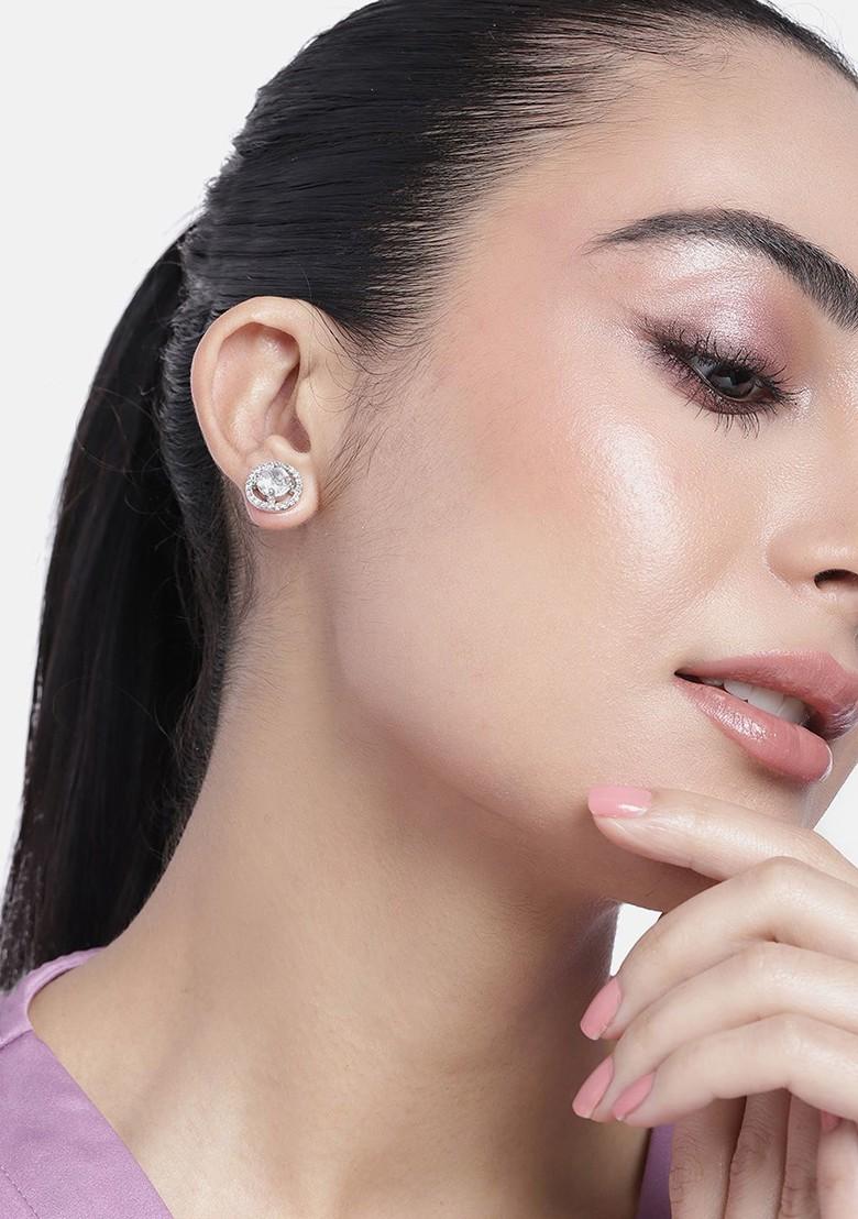 White Studded Rhodium Plated Earrings