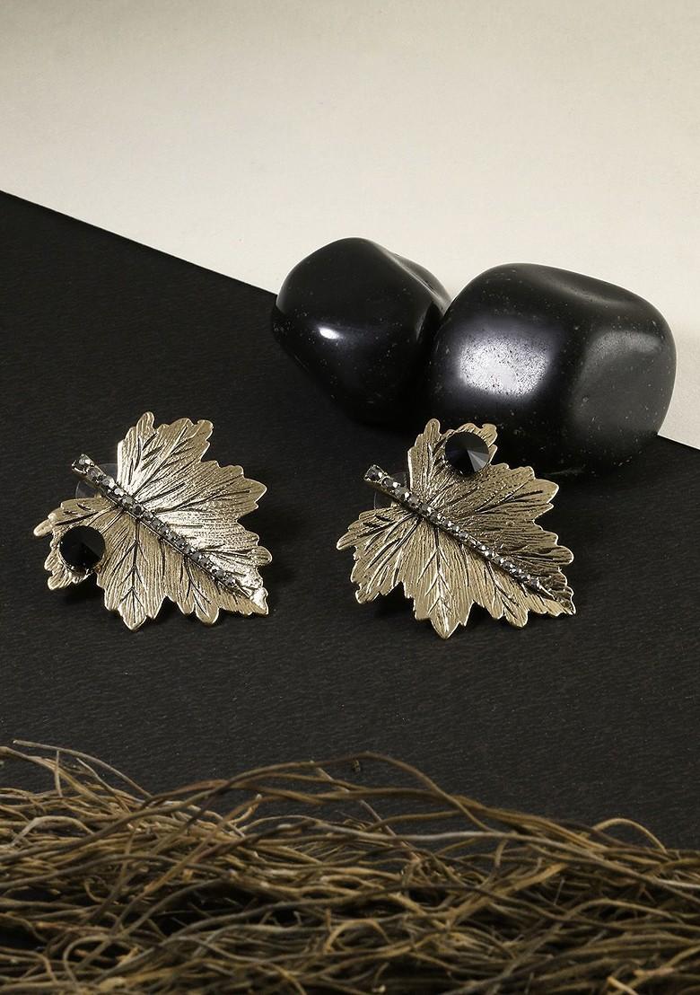 Black Leaf Shaped Studs Gold Plated Earrings