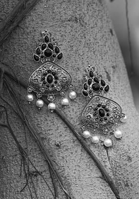 Black Floral Stud Silver Plated  Earrings