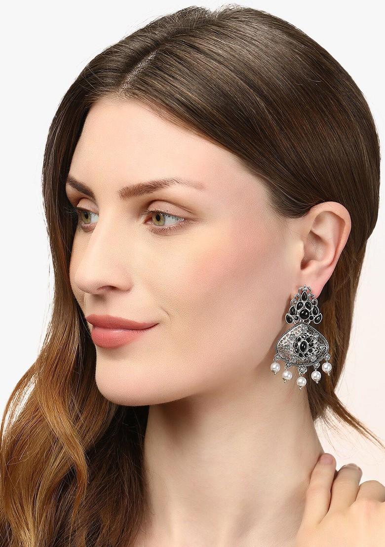 Black Floral Stud Silver Plated  Earrings