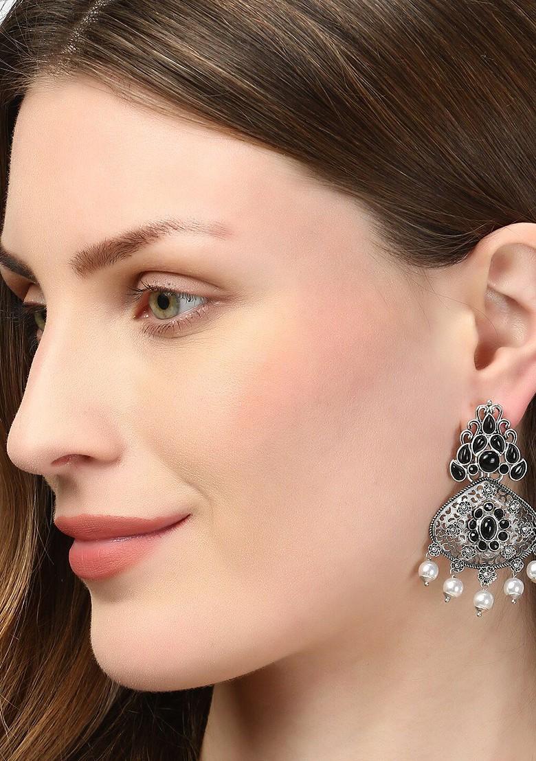 Black Floral Stud Silver Plated  Earrings