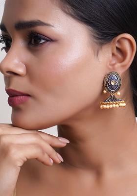 Blue Artificial Stones And Beads Gold Plated Earrings