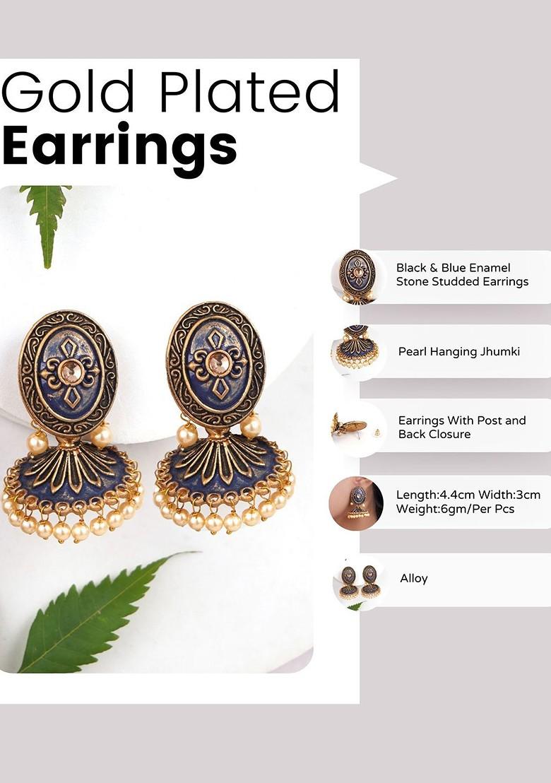 Blue Artificial Stones And Beads Gold Plated Earrings