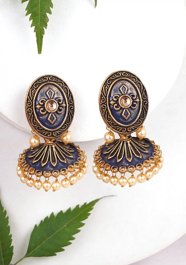 Blue Artificial Stones And Beads Gold Plated Earrings