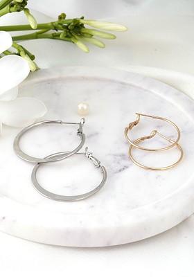 Gold Plain Gold Toned And Silver Toned Earrings (Set Of 2)