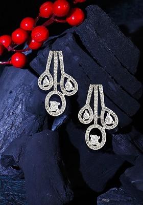 Silver Stone Studded And Beaded Rhodium Plated Earrings