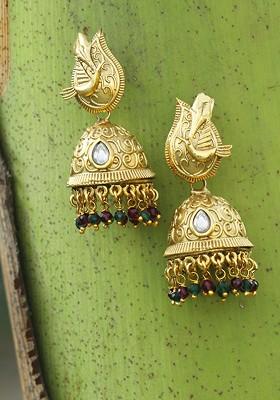 Gold Stone Studded And Beaded Gold Plated Earrings