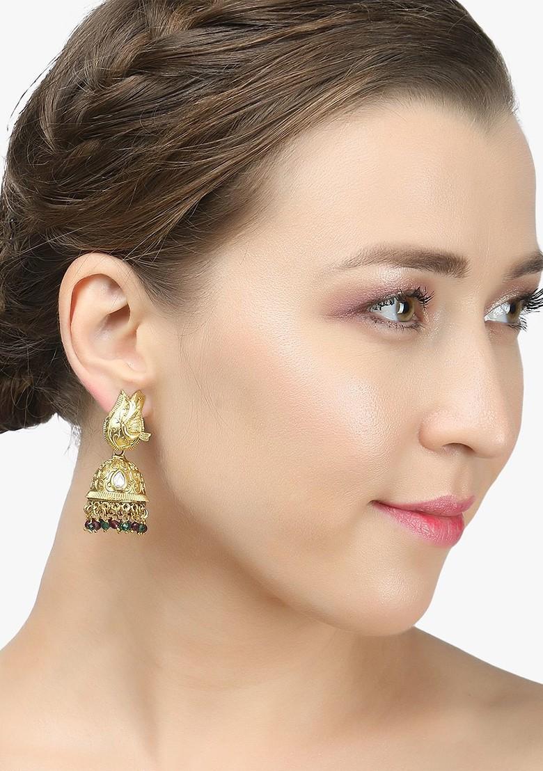 Gold Stone Studded And Beaded Gold Plated Earrings