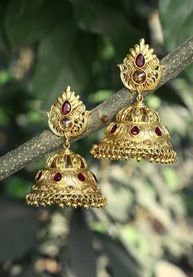 Gold Stone Studded And Beaded Gold Plated Earrings