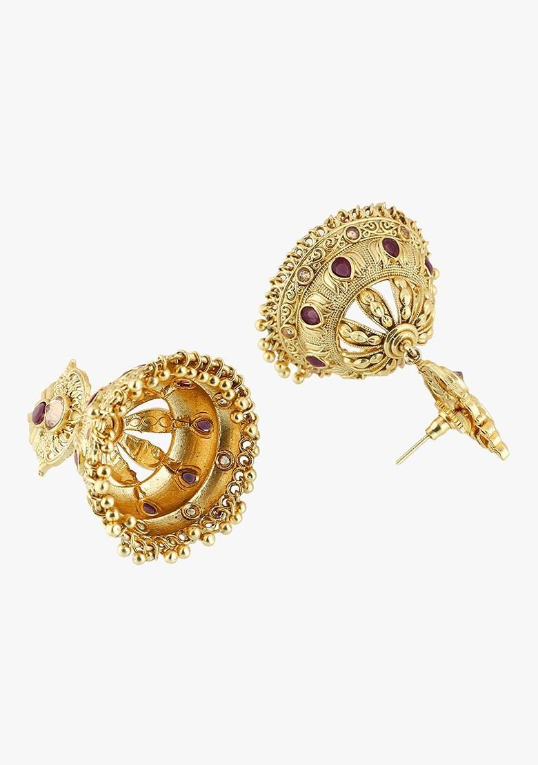 Gold Stone Studded And Beaded Gold Plated Earrings