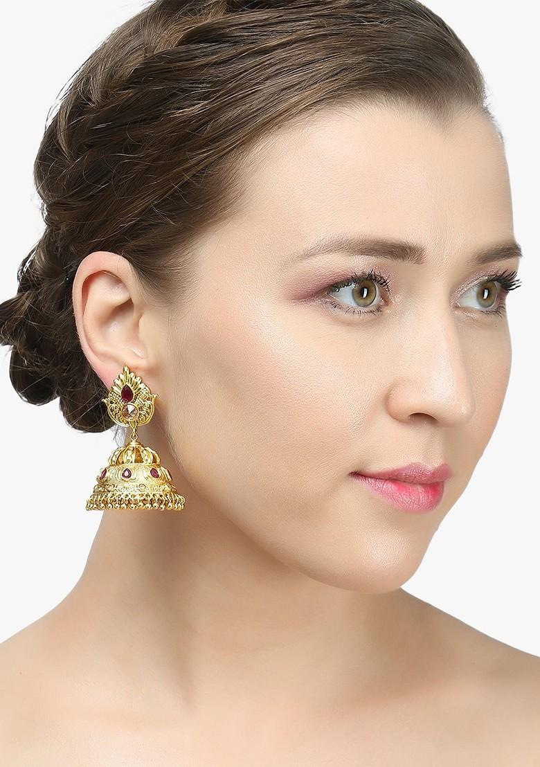 Gold Stone Studded And Beaded Gold Plated Earrings