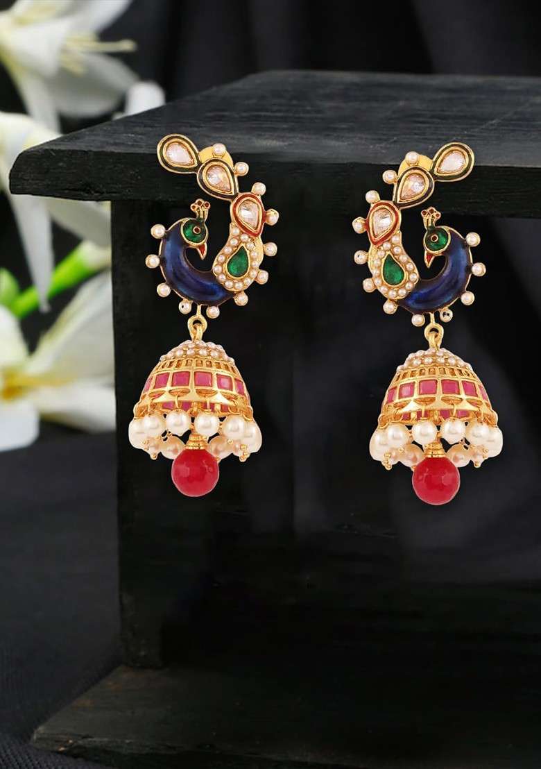 Gold Stone Studded And Beaded Gold Plated Earrings - Indya