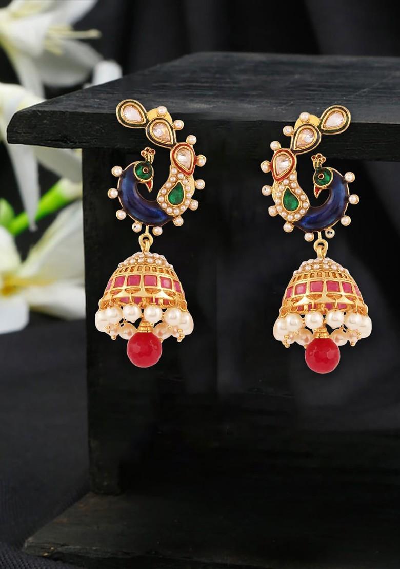 Gold Stone Studded And Beaded Gold Plated Earrings