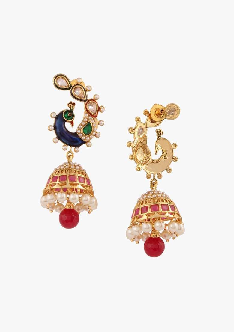 Gold Stone Studded And Beaded Gold Plated Earrings - Indya