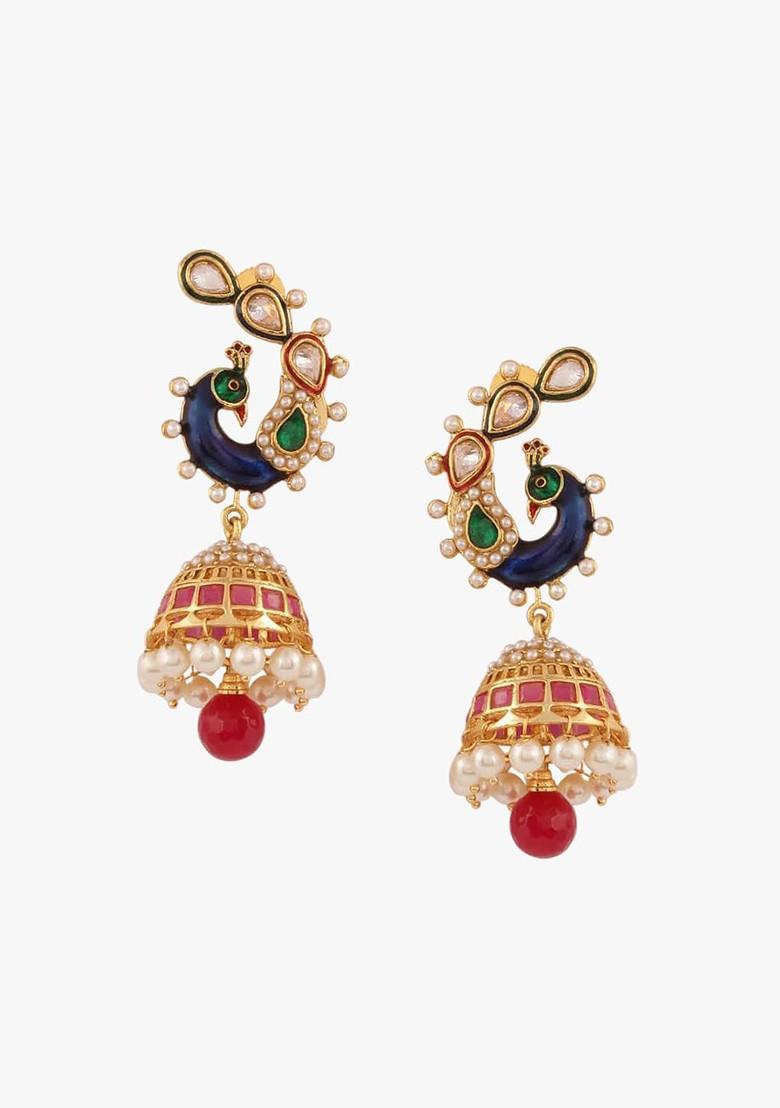 Gold Stone Studded And Beaded Gold Plated Earrings