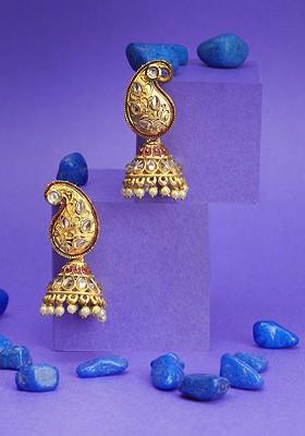 Gold Stone Studded And Beaded Gold Plated Earrings