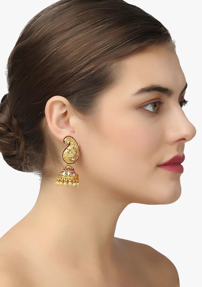 Gold Stone Studded And Beaded Gold Plated Earrings