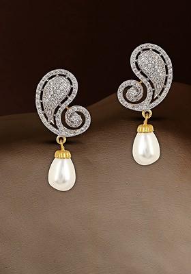 Gold Stone Studded And Beaded Gold Plated Earrings