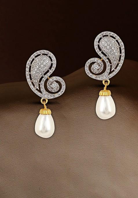 Gold Stone Studded And Beaded Gold Plated Earrings