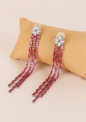 Silver Stone Studded And Beaded Silver Plated  Earrings