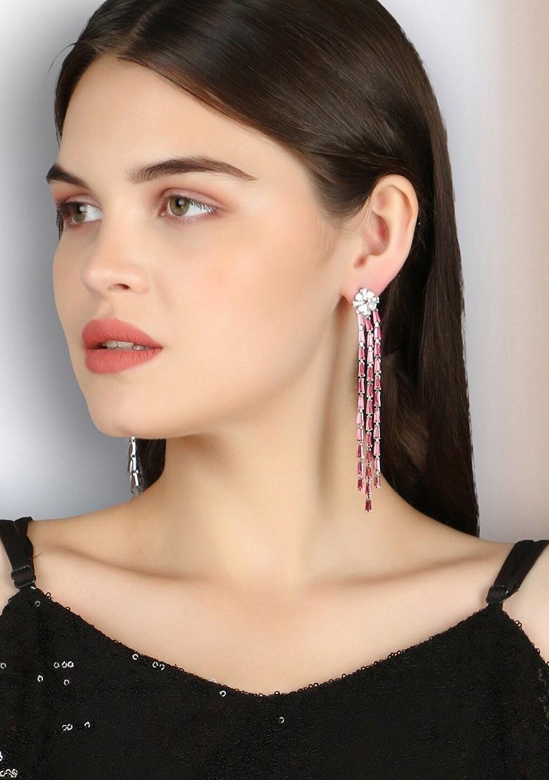 Silver Stone Studded And Beaded Silver Plated  Earrings
