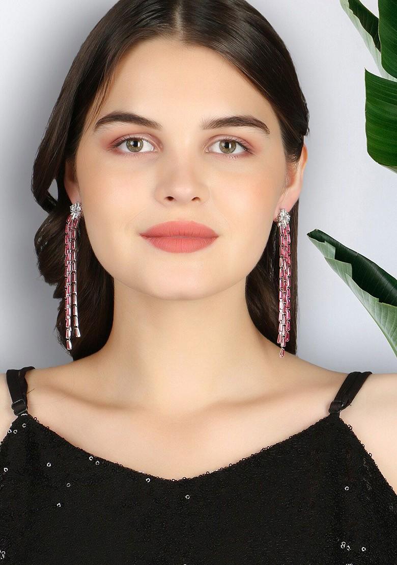 Silver Stone Studded And Beaded Silver Plated  Earrings