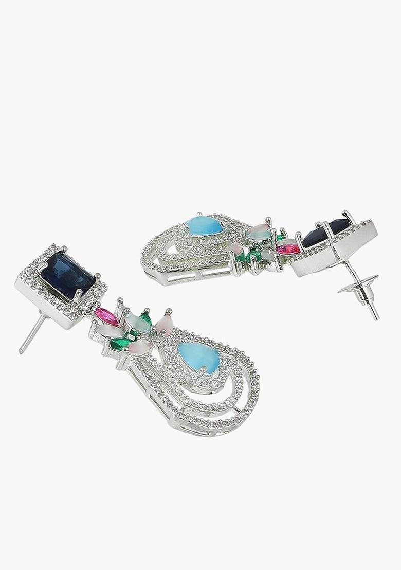White Stone Studded  Rhodium Plated Earrings