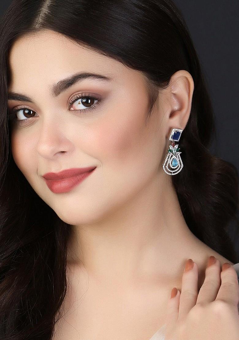 White Stone Studded  Rhodium Plated Earrings