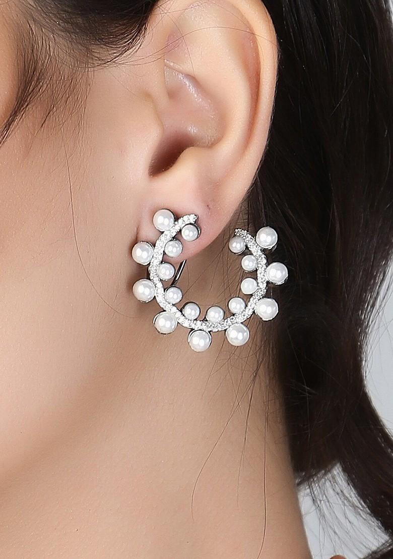 Silver Pearl Beaded Rhodium Plated Earrings