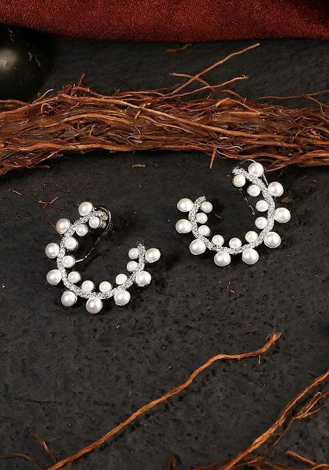 Silver Pearl Beaded Rhodium Plated Earrings