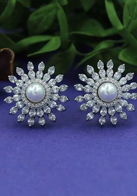 Silver Floral Stud Rhodium Plated Earrings