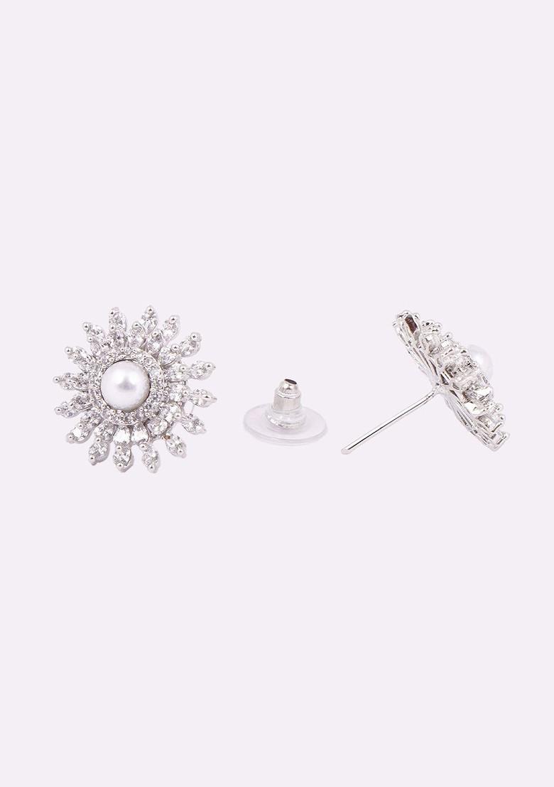 Silver Floral Stud Rhodium Plated Earrings