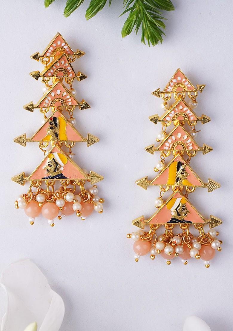 Peach Artificial Stones And Beads Gold Plated Earrings
