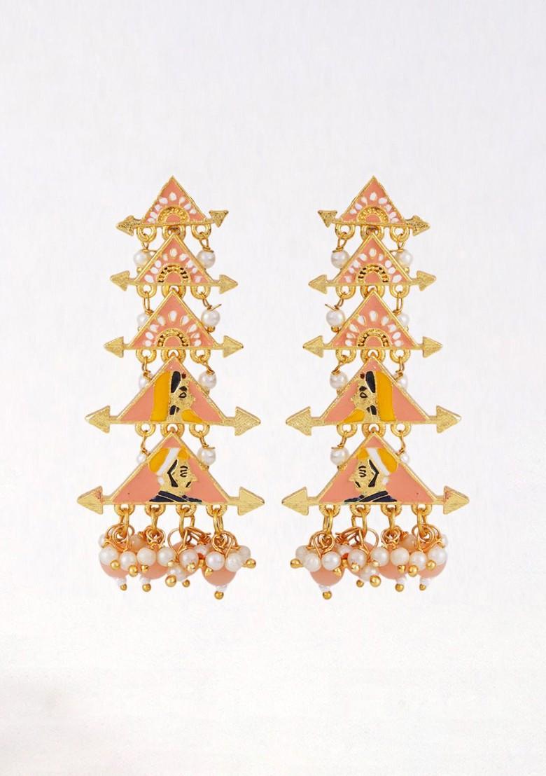Peach Artificial Stones And Beads Gold Plated Earrings