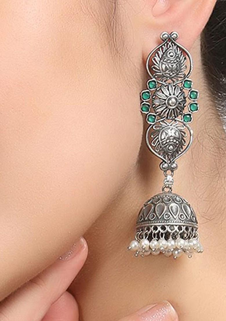 Silver  Stones Studded  Silver Plated  Earrings