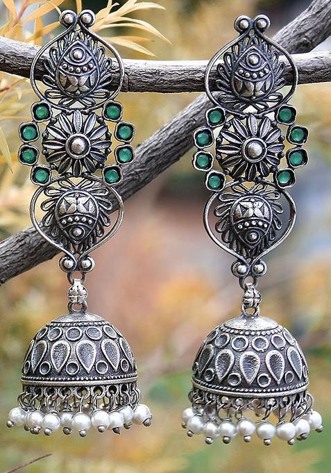 Silver  Stones Studded  Silver Plated  Earrings