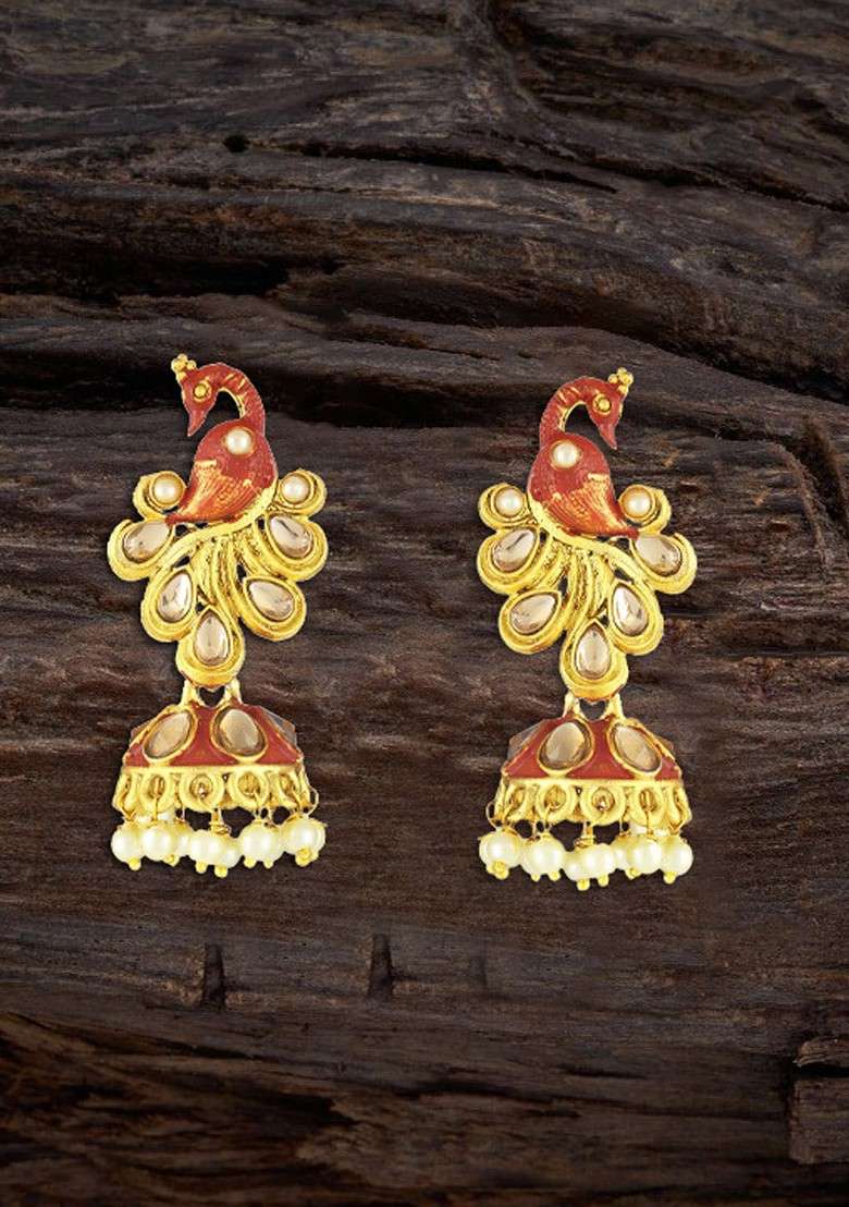 Gold Stone Studded And Beaded Gold Plated Earrings - Indya