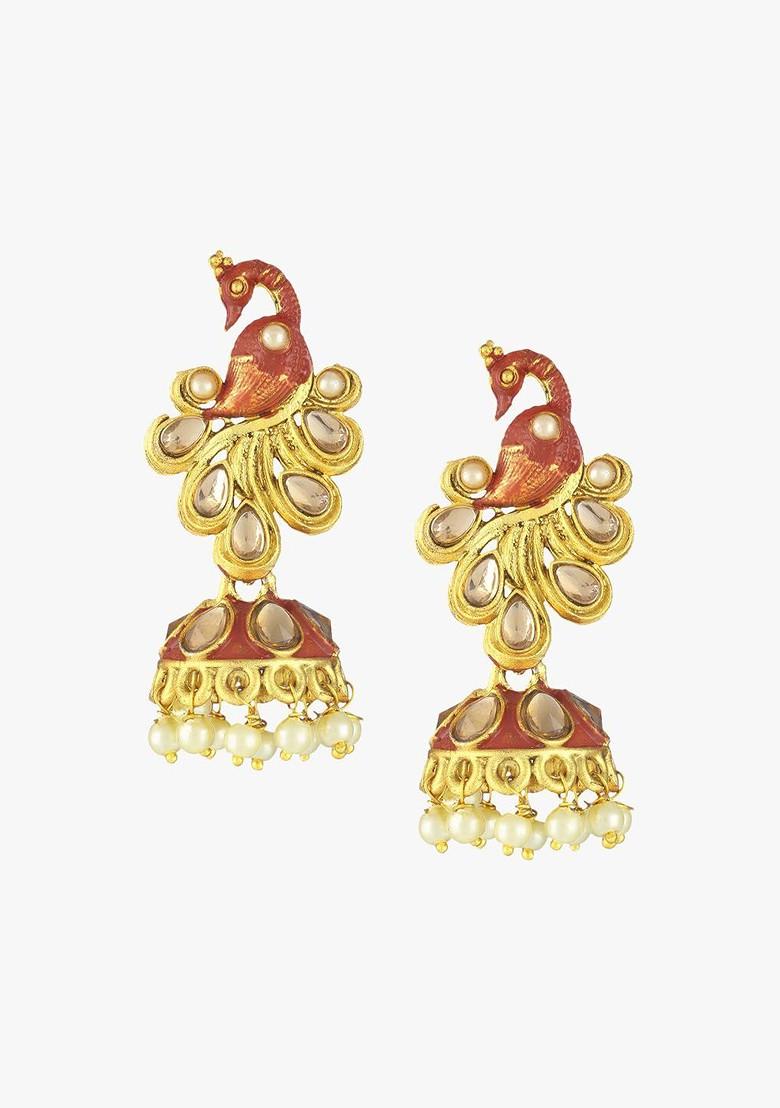 Gold Stone Studded And Beaded Gold Plated Earrings